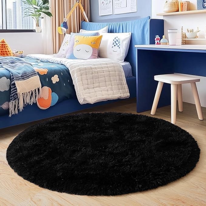 3'x3' Black Round Rug for Bedroom, Ultra Soft Fluffy Circle Rug for Kids Girls - Image 2