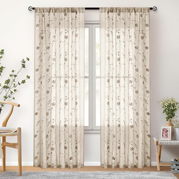 HOMEIDEAS Taupe Sheer Curtains 96 Inches Long 2 Panels Beige Embroidered Floral - Image 7