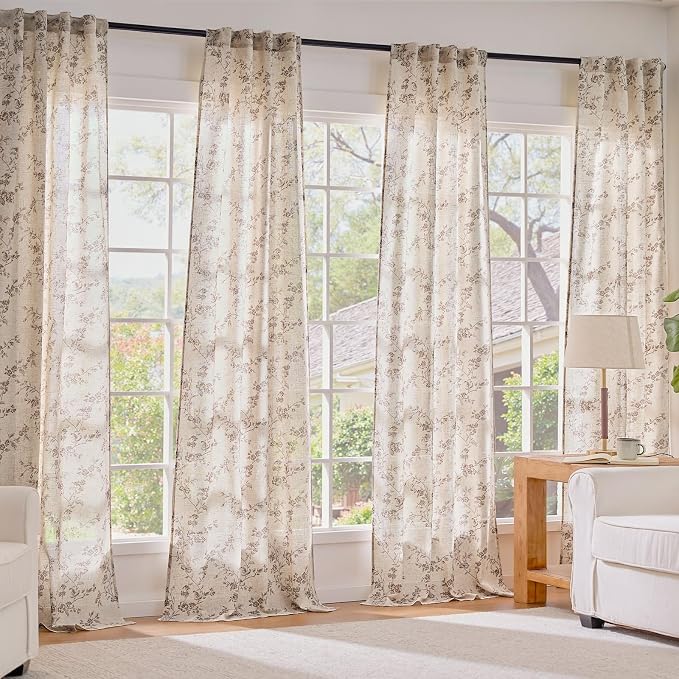 Lazzzy Farmhouse Linen Curtains Extra Long Taupe Floral Curtains 108 Inch - Image 7