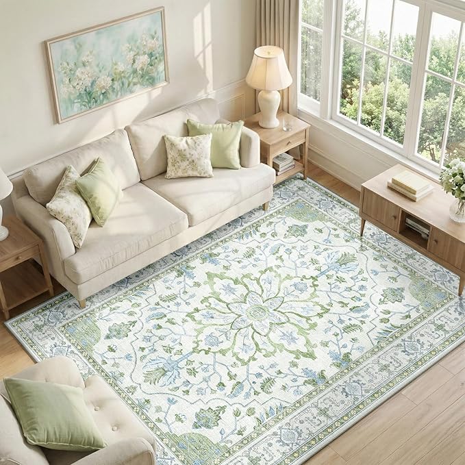 RELEANY Area Rugs 6'x9' Washable Non-Slip, Floral Vintage Distress Print by RELEANY