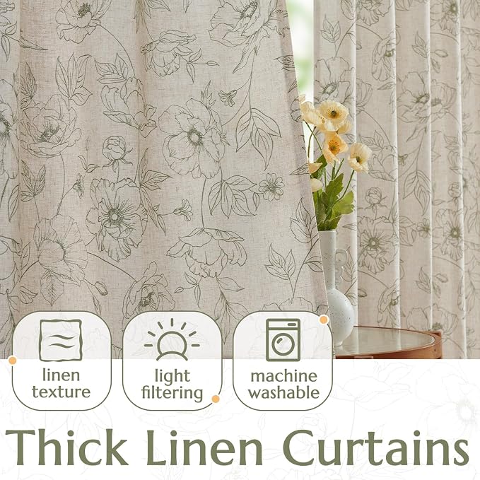 jinchan Floral Linen Curtains for Living Room 84 Inch Length Green Flower - Image 3