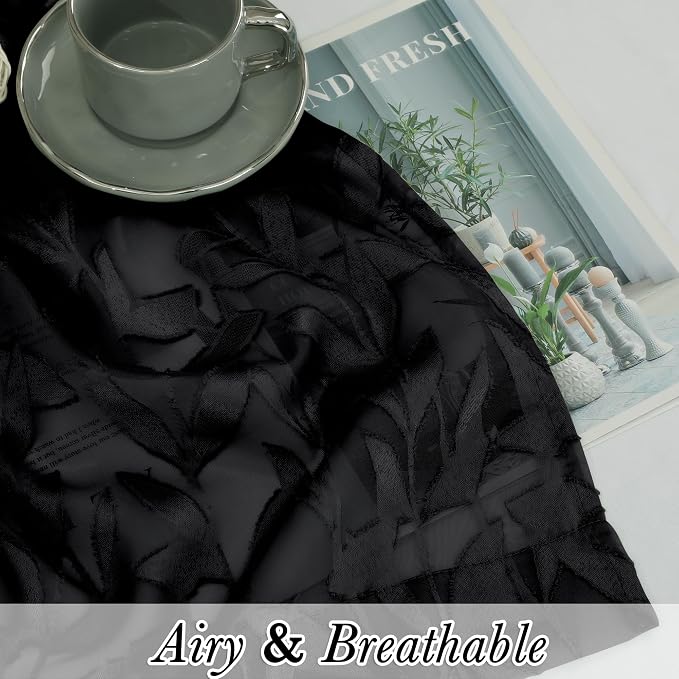 Lecloud Leia Black Sheer Kitchen Curtains 30 Inch Length 2 Pcs, Leaf Textured - Image 2