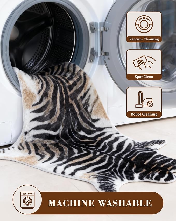 Zebra Print Rug for Living Room, Faux Fur Zebra Hide 5.2x7 Feet Animal Skin Rug - Image 3