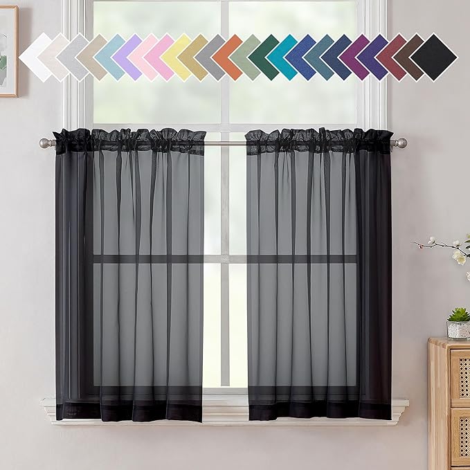 Aiyufeng Black Curtains 36 inches Long 2 Panels, Short Cafe Sheer Tiers by Aiyufeng