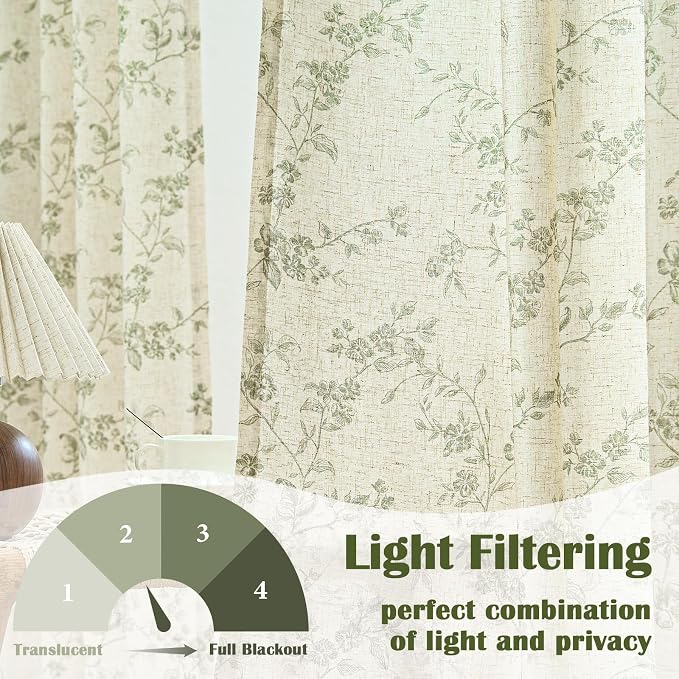 Lazzzy Farmhouse Linen Curtains Green Floral Curtains 96 Inch Length Back Tab - Image 3