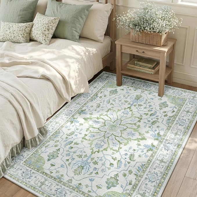 RELEANY Area Rugs 3'x5' Washable Non-Slip, Floral Vintage Distress Print by RELEANY