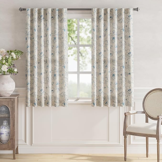 jinchan Floral Linen Curtains for Living Room 63 Inch Length Blue Flower - Image 2