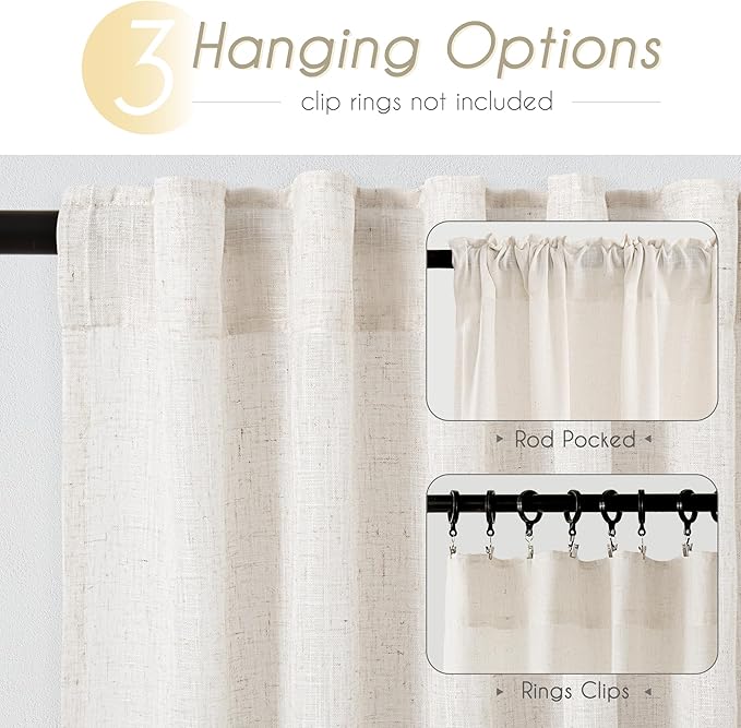 Natural Linen Curtain 100 inch Length 2 Panels Set Back Tab Light Filtering - Image 2