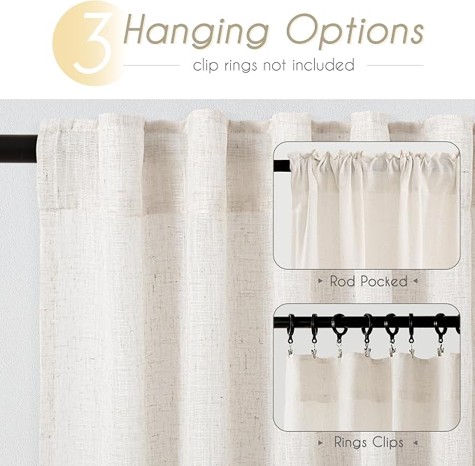 2 Panels Set Cream Linen Curtains 108 inches Long - Image 2