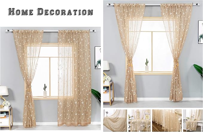 AmHoo 2 Panels Embroidered Leaf Pattern Semi Sheer Curtains Foliage Floral - Image 5