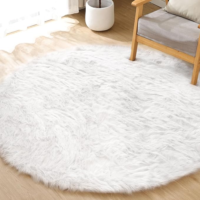 ORINOVA White Fluffy Faux Sheepskin Washable Fur Round Rug 5ft Nursery Rugs - Image 8
