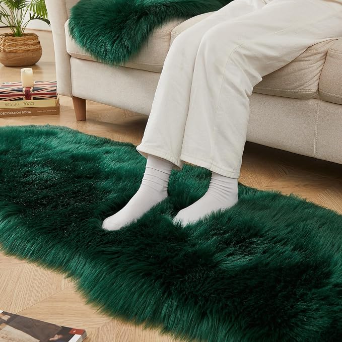 AMTOVO Faux Sheepskin Rug, Dark Green Ultra Soft Fluffy Shag Area Rug, 2 x 6 ft - Image 9