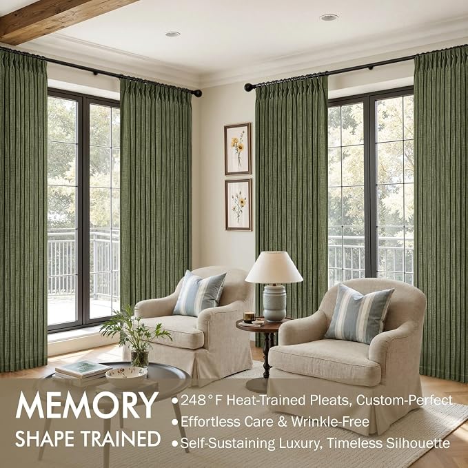 MIULEE Olive Green Pinch Pleated Thick Linen Curtains 84 Inches Long 2 Panels - Image 2