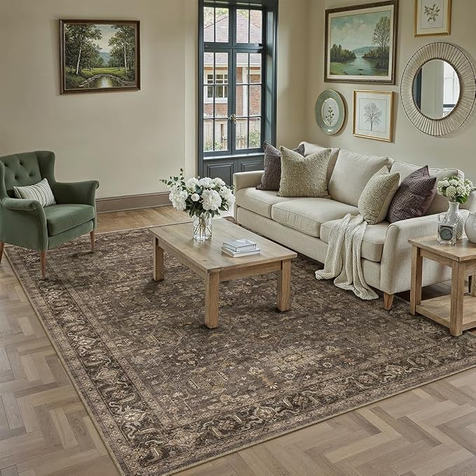 5x7 Washable Area Rug for Living Room Bedroom Vintage Brown Soft Low Pile - Image 5