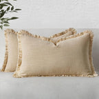 MIULEE Decorative Lumbar Throw Pillow Covers Neutral Linen Fringe Throw Pillows by MIULEE