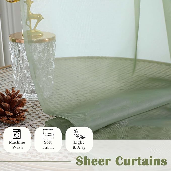 Lecloud Sage Green Sheer Curtains 96 Inches Long 2 Panels, Solid Airy Voile - Image 3