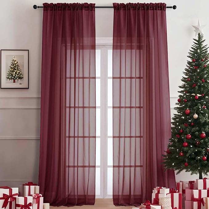 OVZME Burgundy Sheer Curtains 108 Inches Long 2 Panels Set, 59 Inch Extra Wide by OVZME
