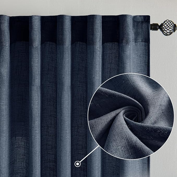 MIULEE Navy Blue Short Linen Curtains 45 Inch Length 2 Panels - Image 2