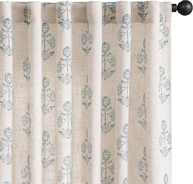 jinchan Linen Floral Curtains for Living Room 84 Inch Length Blue Flower by JINCHAN