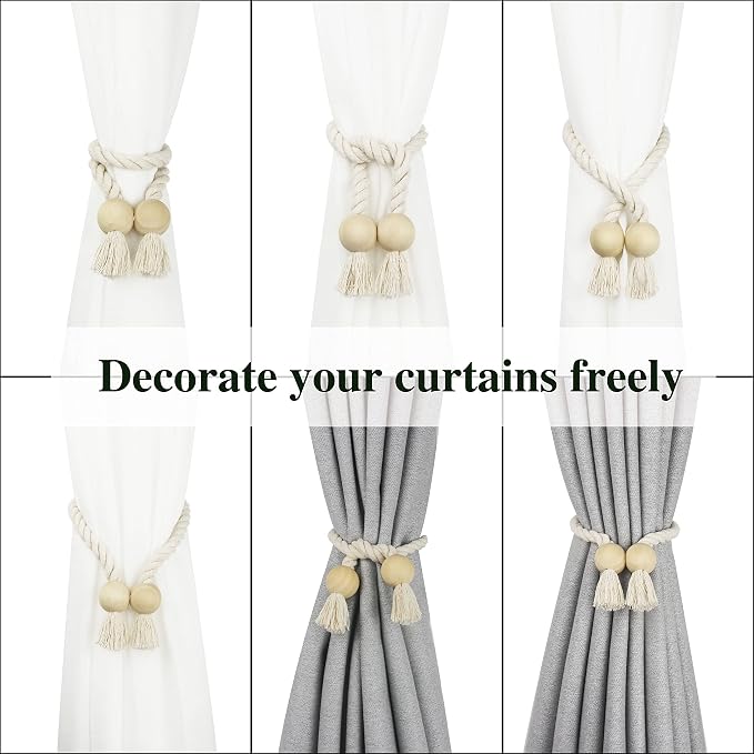 4 Pack Magnetic Curtain Tiebacks Cotton Hand Woven Tie Back Decorative Rope - Image 5