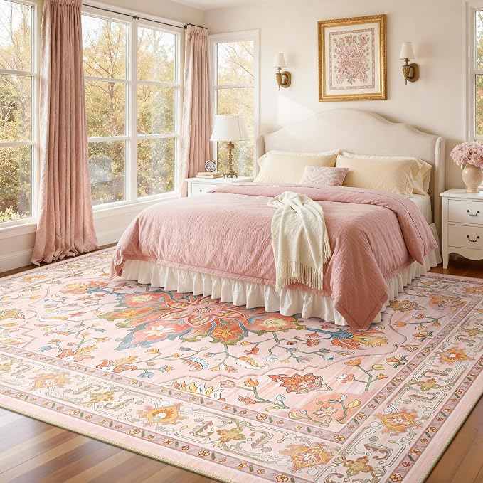 RELEANY Area Rugs 9'x12' Washable Non-Slip, Floral Vintage Distress Print by RELEANY