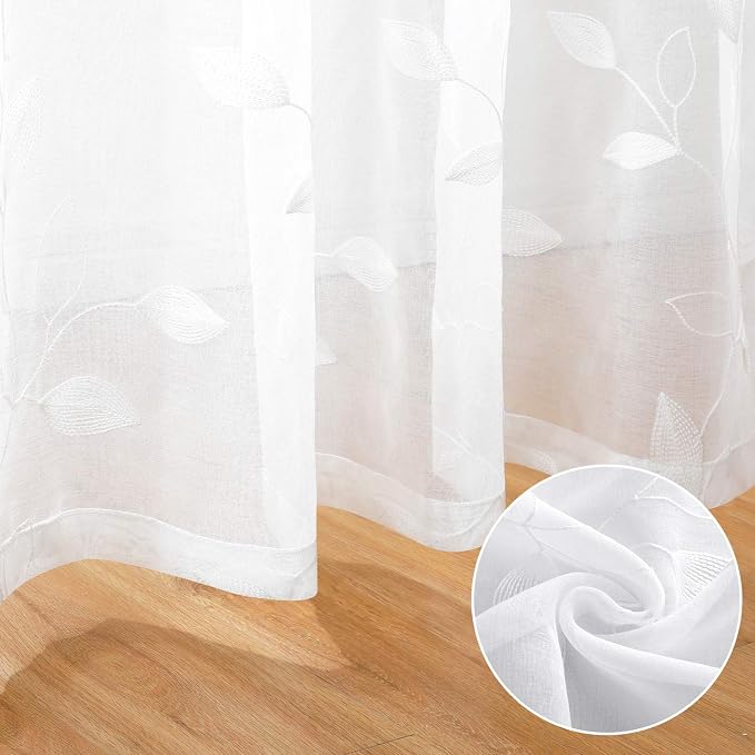 HOMEIDEAS White Sheer Kitchen Curtains 52 x 54 Inch Length 2 Panels Embroidered - Image 7