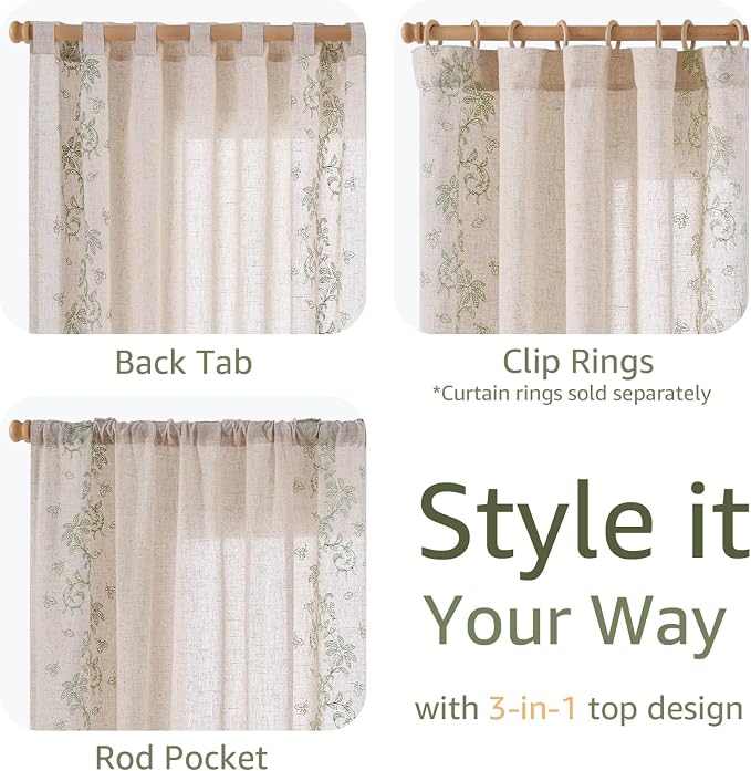 jinchan Evelyn Embroidered Linen Curtains 63 inch Floral Curtains - Image 8