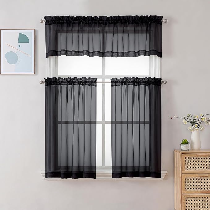 Gwine Black Sheer Curtains 30 Inch Length, Short Light Filtering Voile Small - Image 2