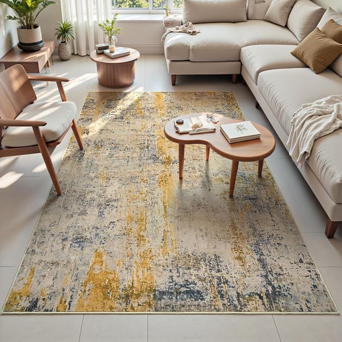 Area Rug 4x6 Beige Rug Washable Boho Rugs Non Slip Low Pile Abstract Small - Image 2