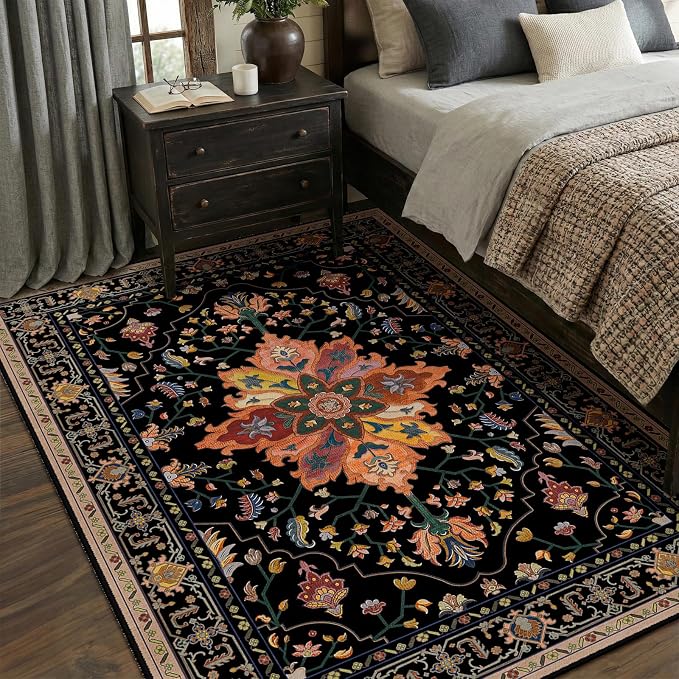 Area Rugs 5'x8' Washable Non-Slip, Floral Vintage Distress Print Pattern - Image 4