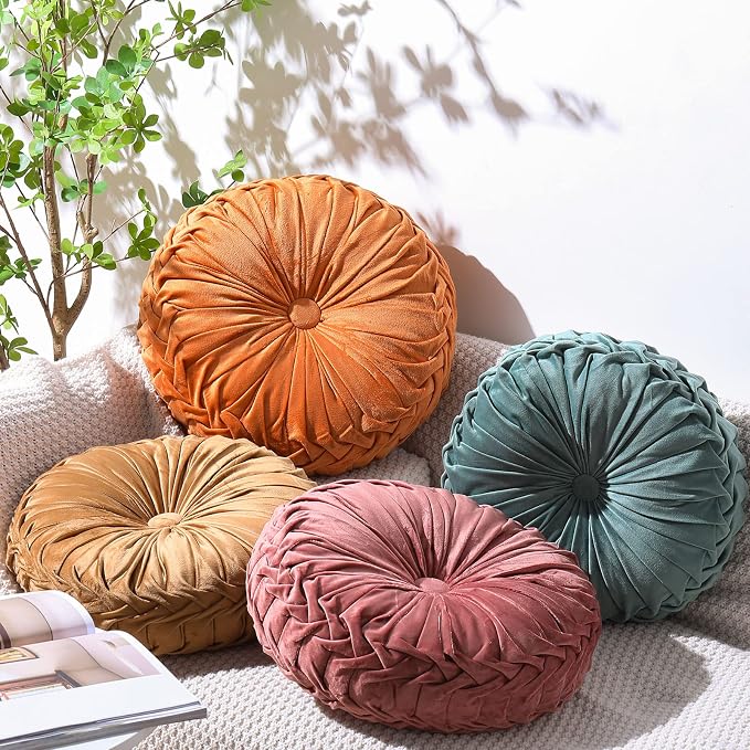 Kathfly Set of 4 Decorative Round Pleated Throw Pillows, Classy Velvet Pumpkin by Kathfly
