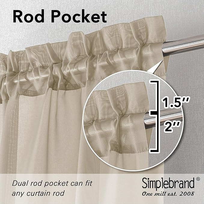 Simplebrand Taupe Sheer Curtains 90 Inches Long 2 Panels, Light Filtering Rod - Image 5