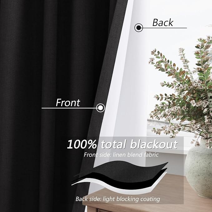 Guken Black 100% Blackout Linen Curtains 102 Inch Length 2 Panels Set - Image 3
