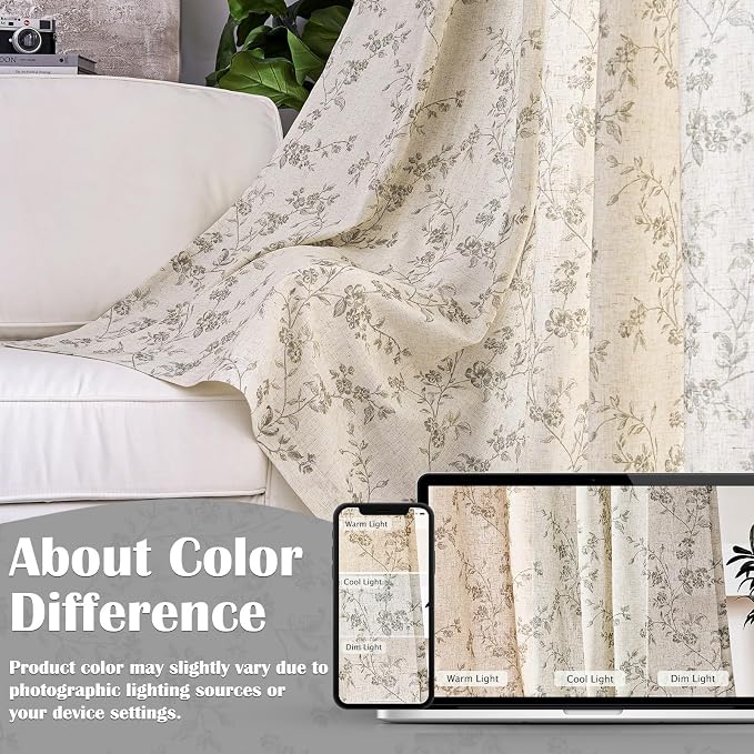 Lazzzy Grey Floral Linen Curtains 84 Inch Farmhouse Back Tab Drapes - Image 5