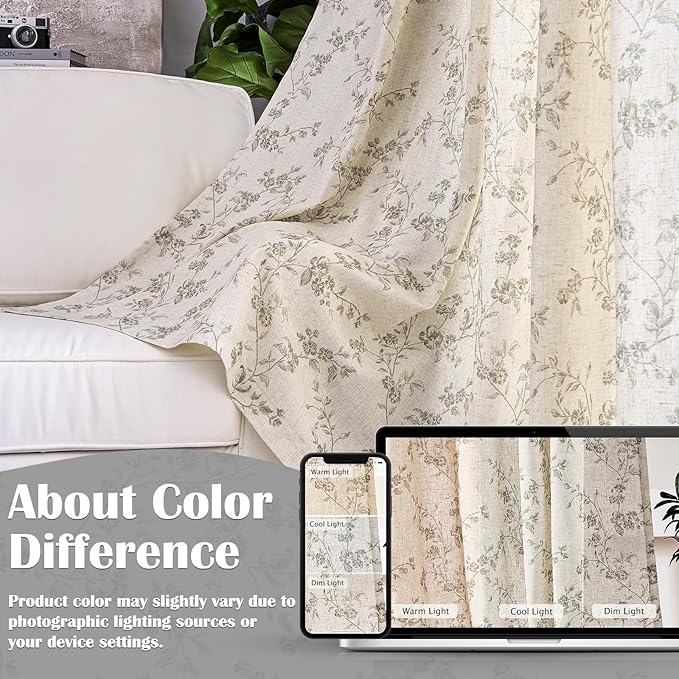 Lazzzy Grey Floral Linen Curtains 84 Inch Length Farmhouse Curtain Back Tab - Image 6