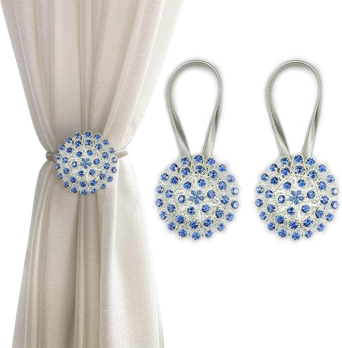 Magnetic Tiebacks for Curtains, 2 Pack Sparkling Crystal Flower Curtain by FOZUBOYO