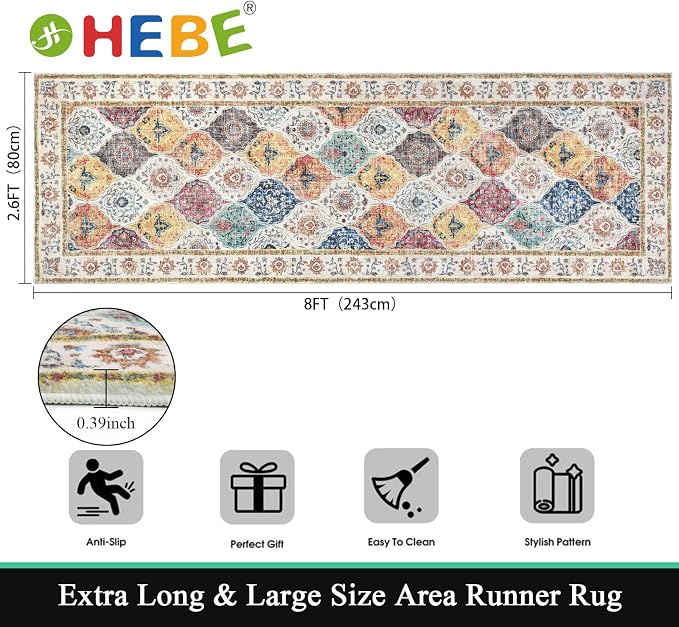 HEBE Hallway Runner Rug 2'8''x8' Washable Vintage Distressed Area Rugs Non Slip - Image 2