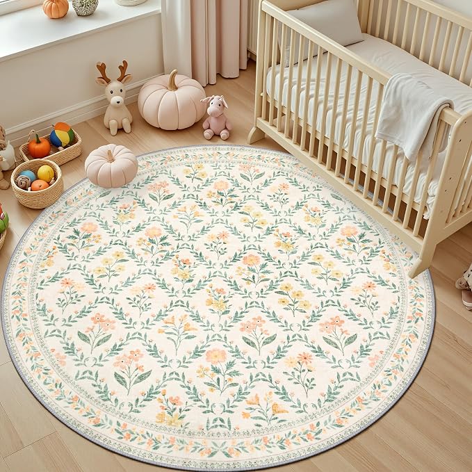 Round Area Rug for Living Room: 6 ft Floral Washable Circle Rug Soft Non-Slip - Image 5