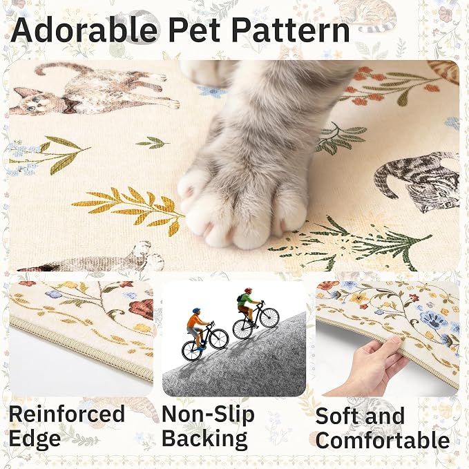 Cat 4x6 Area Rugs, Machine Washable Animal Floral Accent Rug Non-Slip Low Pile - Image 6