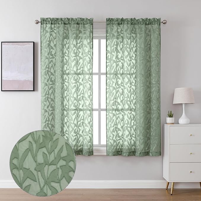 Lecloud Leia Sage Green Sheer Curtains 63 Inch Length 2 Panels, Light Filtering by Lecloud