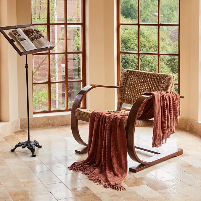 lifein Throw Blanket for Couch, Soft Boho Bed Throw, Cozy Burnt Orange Chenille - Image 3