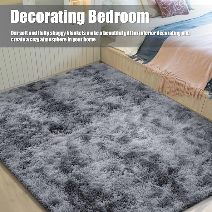 Shag Area Rug for Bedroom 5x8, Tie-Dyed Black Fluffy Area Rugs for Living Room - Image 6