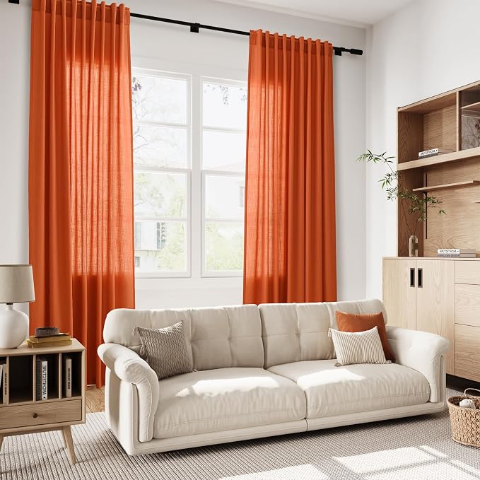 Nanspring Bright Orange Linen Blend Light Filtering Back Tab Curtains 84 Inches - Image 7
