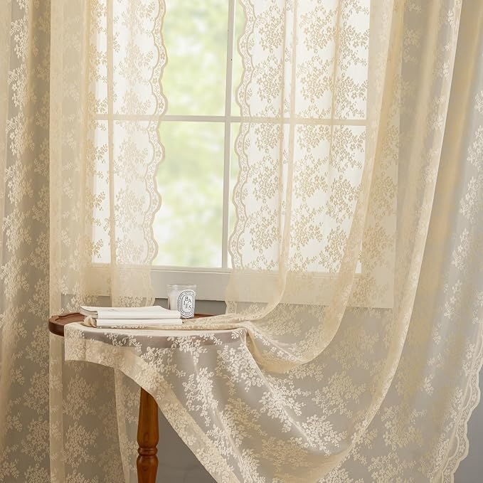 YJ YANJUN Vintage Lace Curtains 84 Inches Long-Retro Floral Beige Sheer Curtain - Image 4