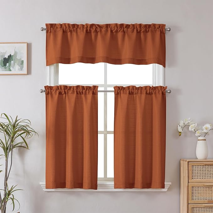 Chyhomenyc Orange Valance for Windows, Light Filtering Faux Linen Textured - Image 2