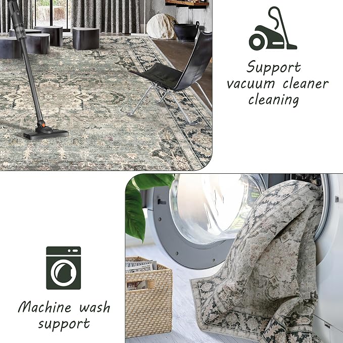 9x12 Area Rugs - 9x12 Washable Area Rug Indoor Vintage Rug Print Rug Low-Pile - Image 5