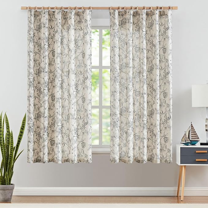 jinchan Floral Curtains 63 Inch Length Black Flower Linen Farmhouse Curtain - Image 2