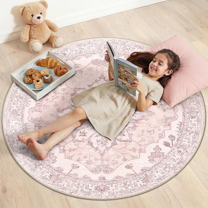 Area Rugs 4ft Washable Non-Slip, Floral Vintage Distress Print Pattern by RELEANY