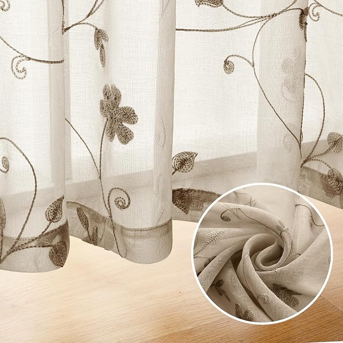 HOMEIDEAS Taupe Sheer Curtains 96 Inches Long 2 Panels Beige Embroidered Floral - Image 5