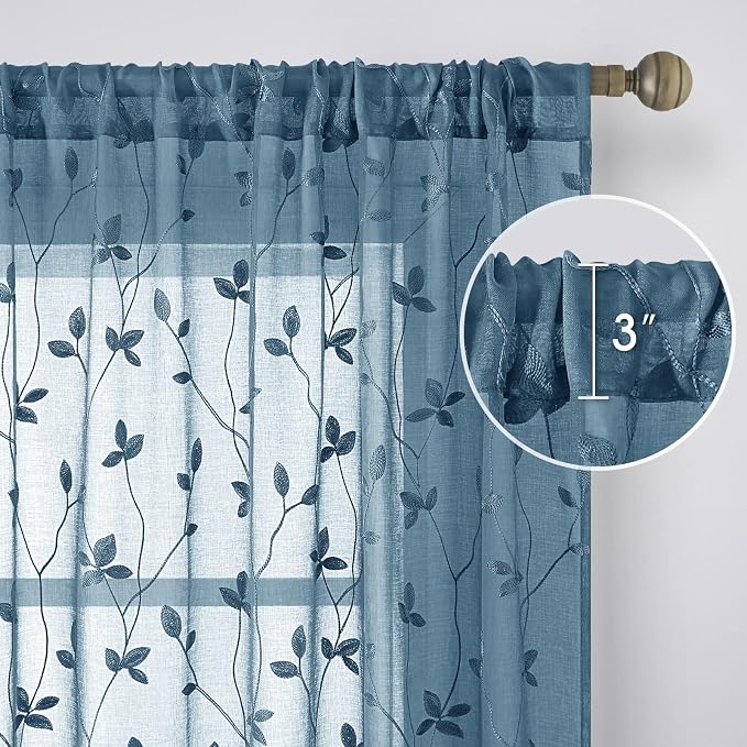 HOMEIDEAS Cyan Blue Sheer Curtains 52 X 63 Inches Length 2 Panels Embroidered - Image 5